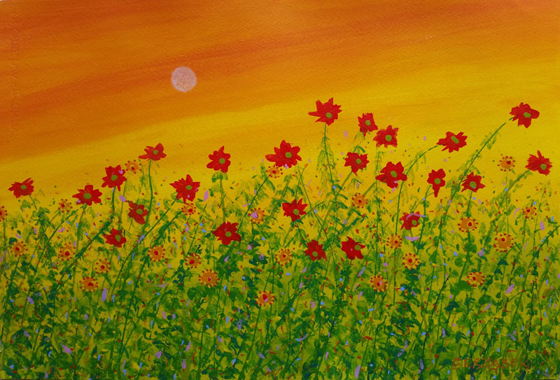 contemporary original flowers painting saffron sky red flowers