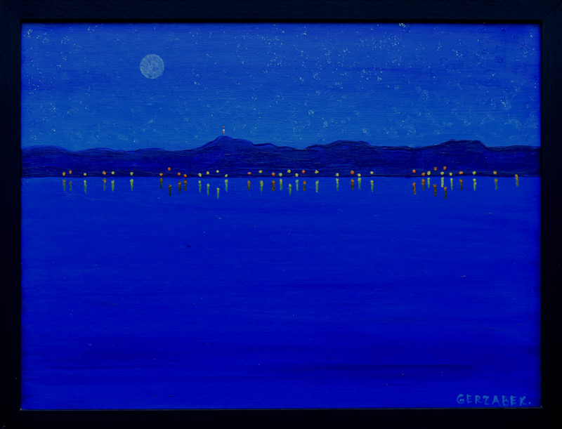 night lights reflections seascape painting