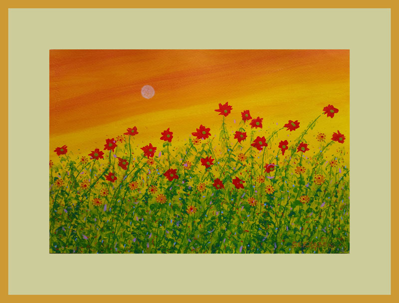 contemporary original flowers painting saffron sky red flowers with mount and frame