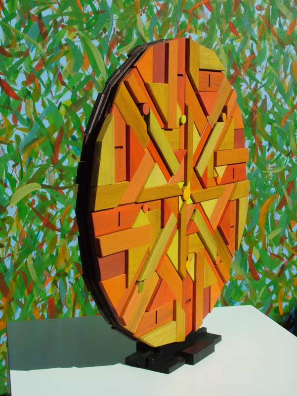 geometric recycled timber mandala sculpture side view