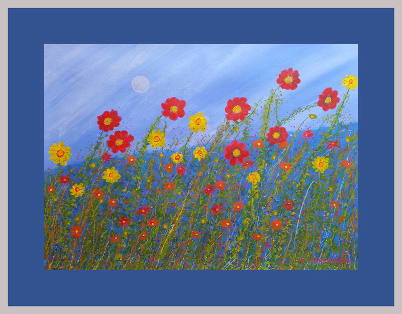 red yellow contemporary flowers painting framed