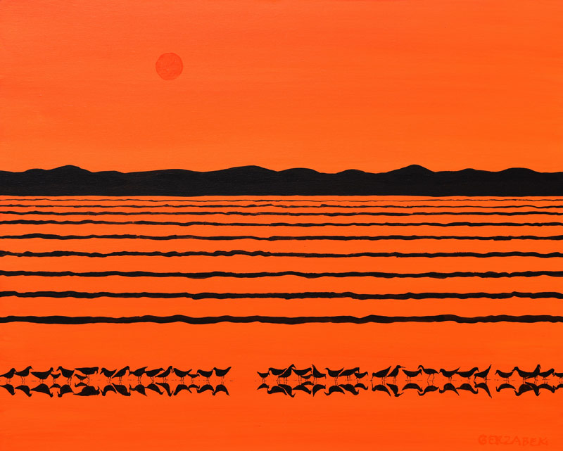 sunset with wading waterbirds nature inspired sescape painting