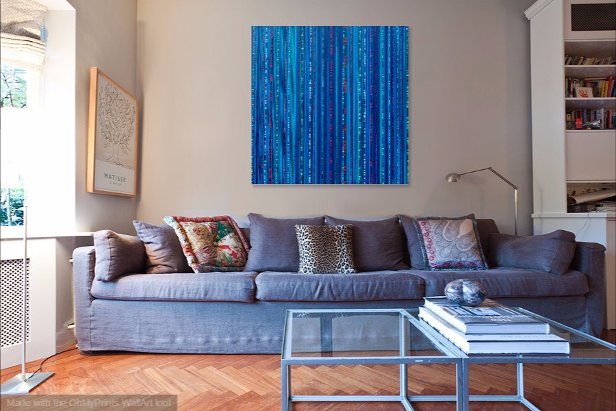 encoded contemporary original blue abstract acrylic artwork on wall