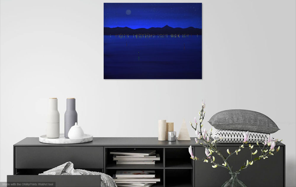 contemporary night water view Blue painting on wall