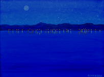 night lights reflections seascape painting