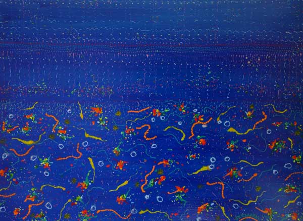 ultramarine blue seascape painting with fantastical underwater organisms