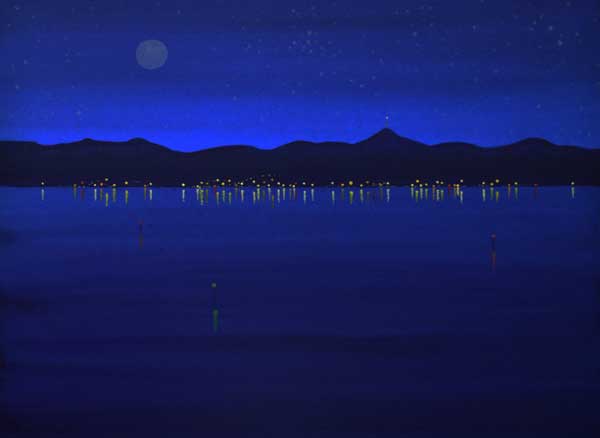 dark blue seascape painting with distant shores and twinkling lights reflected in the water