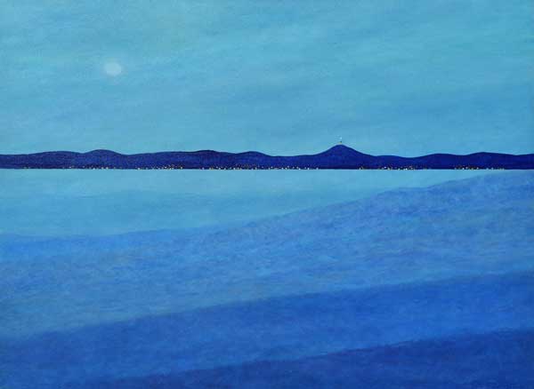 blue seascape painting with lights on distant shores